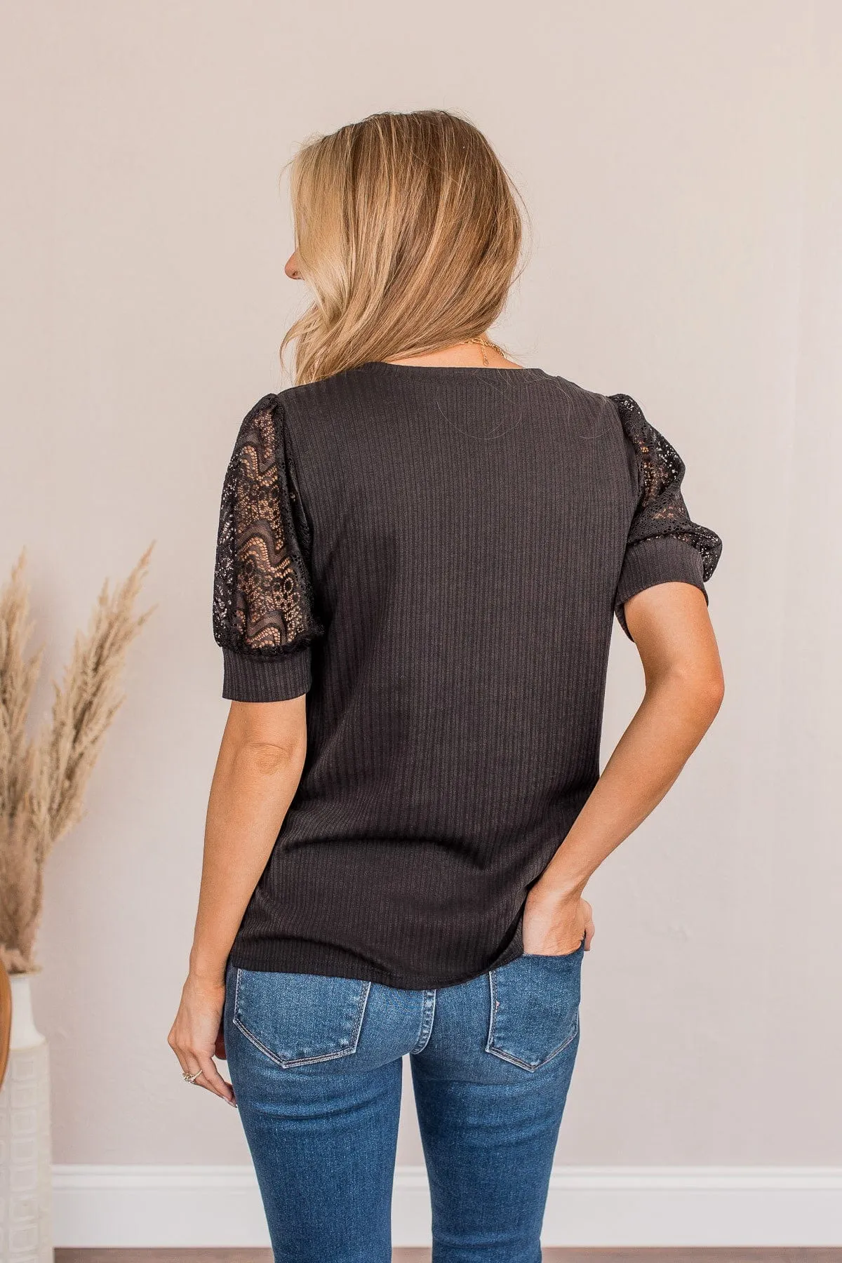 Hold Us Together Crochet Sleeve Top- Black