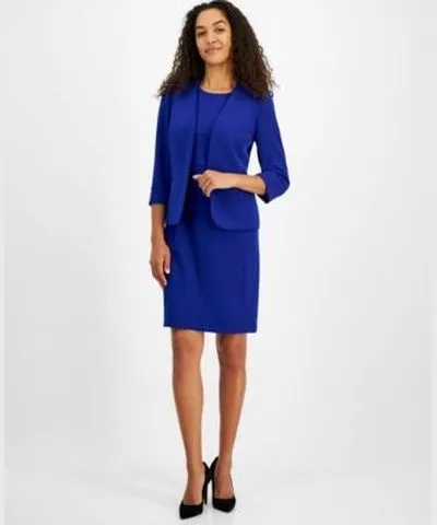 Kasper Womens Stretch Crepe Open Front Roll Sleeve Jacket Sleeveless Sheath Dress