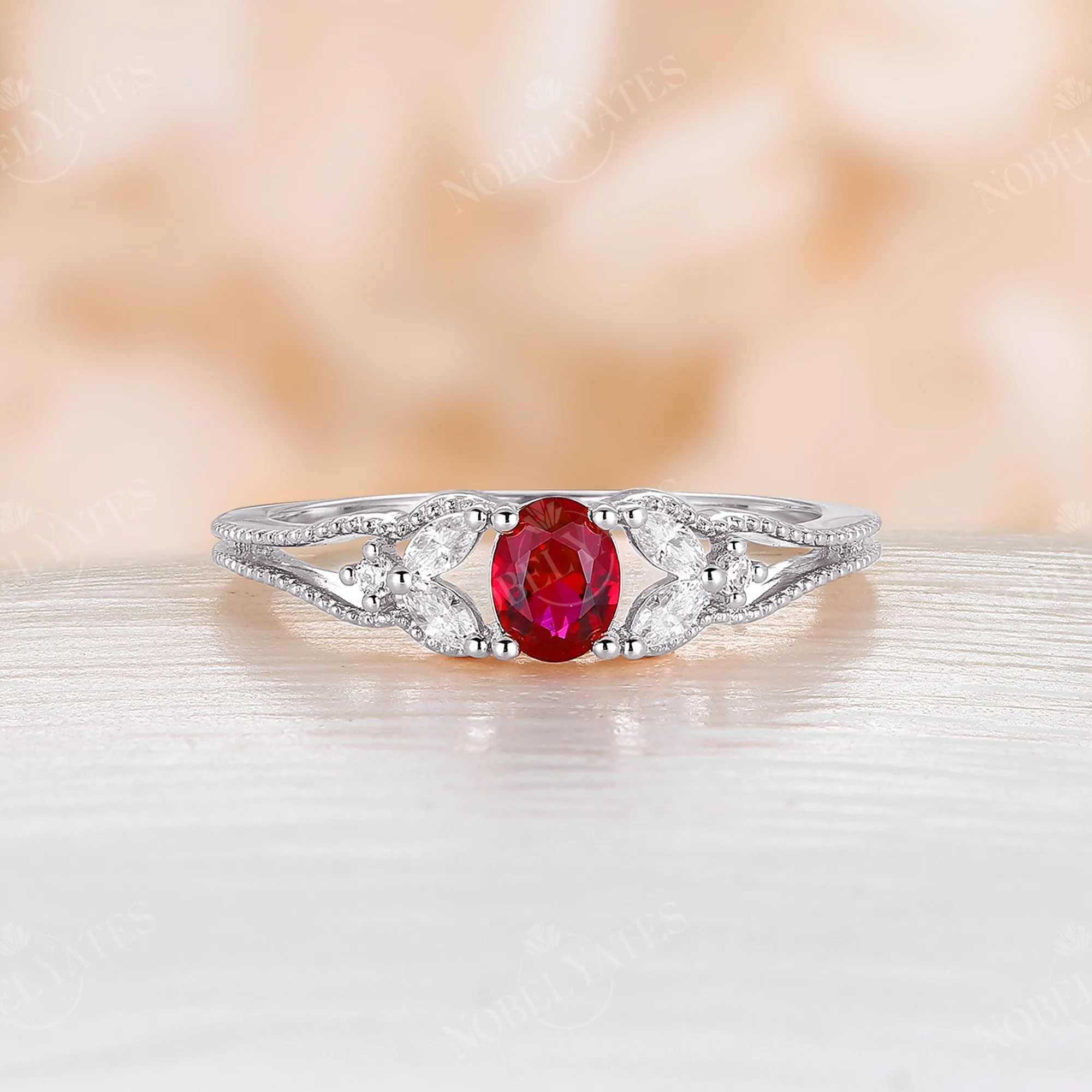 Lab Ruby Milgrain Side Stones Vintage Engagement Ring Rose Gold