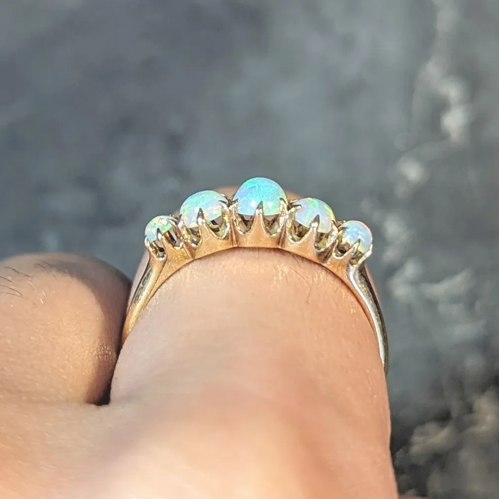 Late Victorian Opal 14 Karat Yellow Gold Antique Five Stone Band Ring