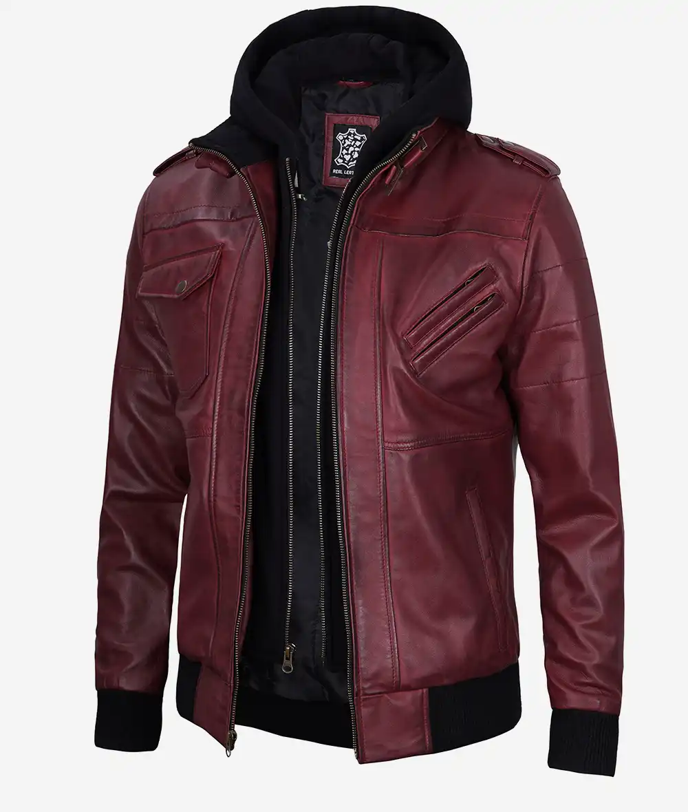 Men's Maroon Bomber Leather Jacket With Hood