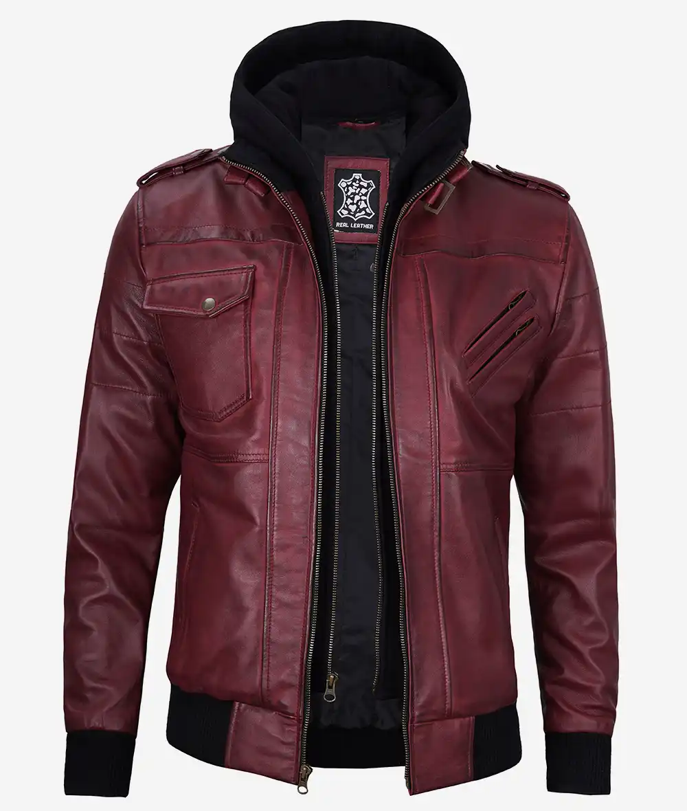 Men's Maroon Bomber Leather Jacket With Hood