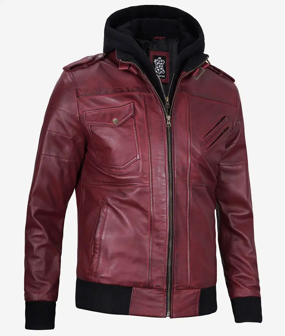 Men's Maroon Bomber Leather Jacket With Hood