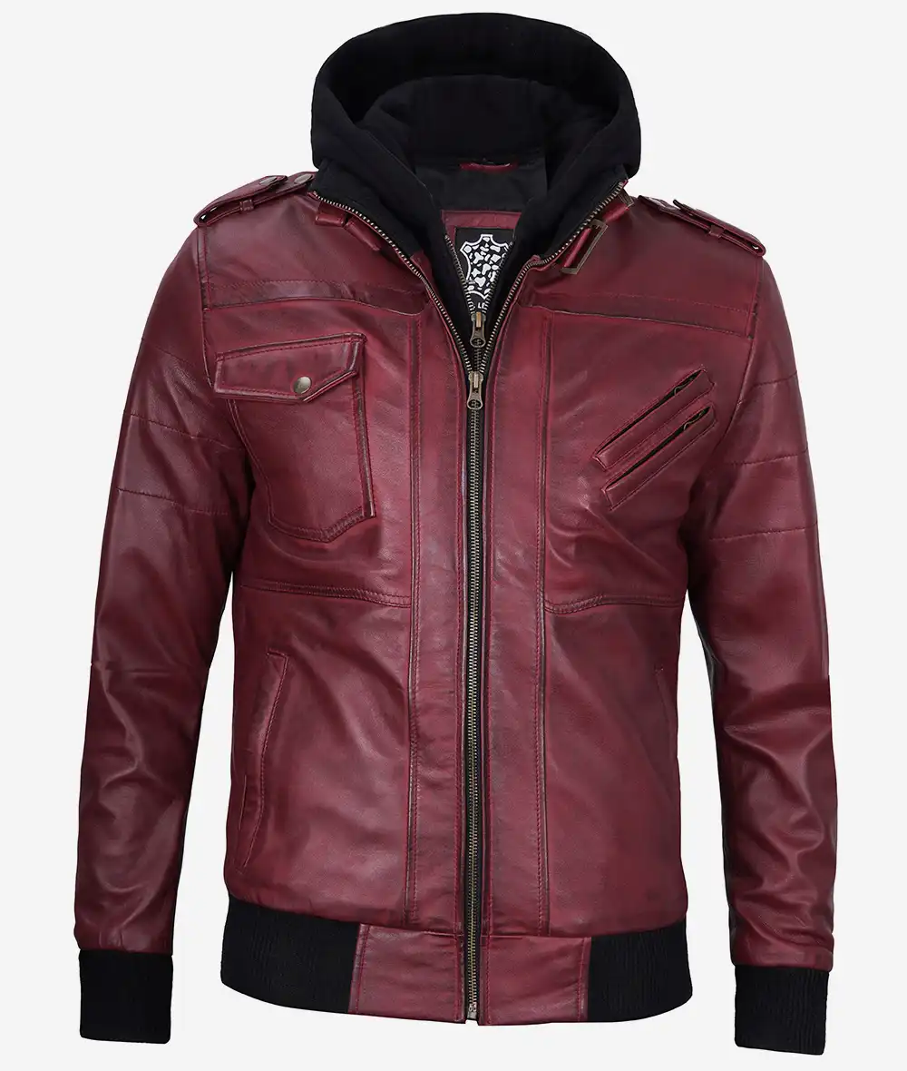 Men's Maroon Bomber Leather Jacket With Hood