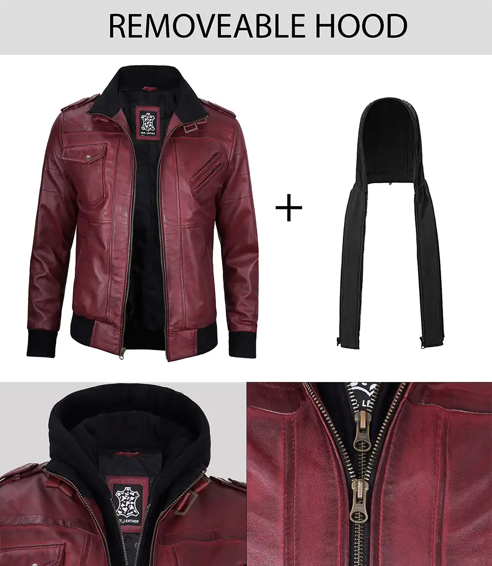 Men's Maroon Bomber Leather Jacket With Hood