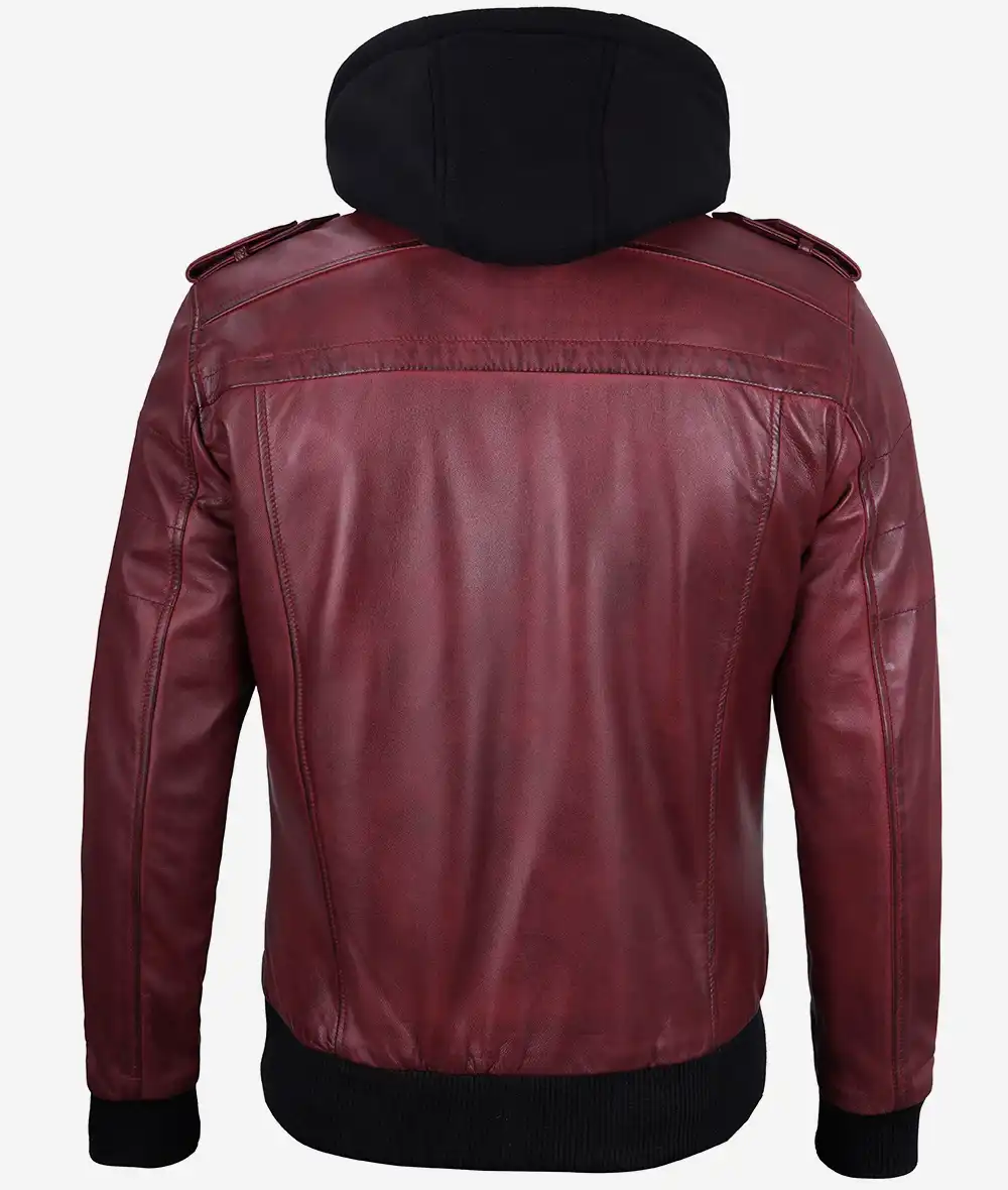 Men's Maroon Bomber Leather Jacket With Hood