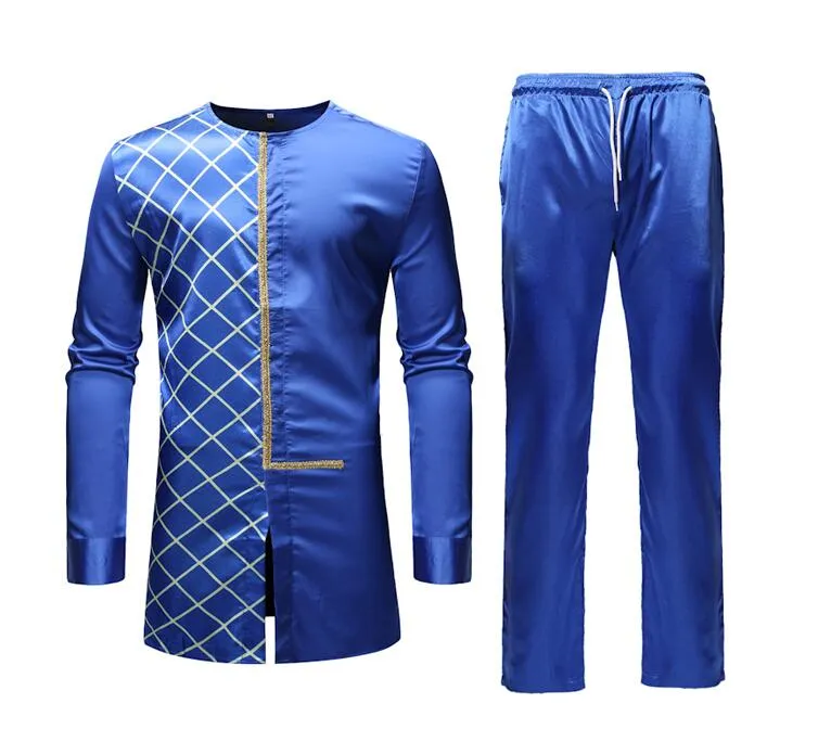 Men's African Casual Printed Pattern Long Sleeve 2 Piece Outfit Set