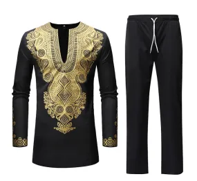 Men's African Casual Printed Pattern Long Sleeve 2 Piece Outfit Set