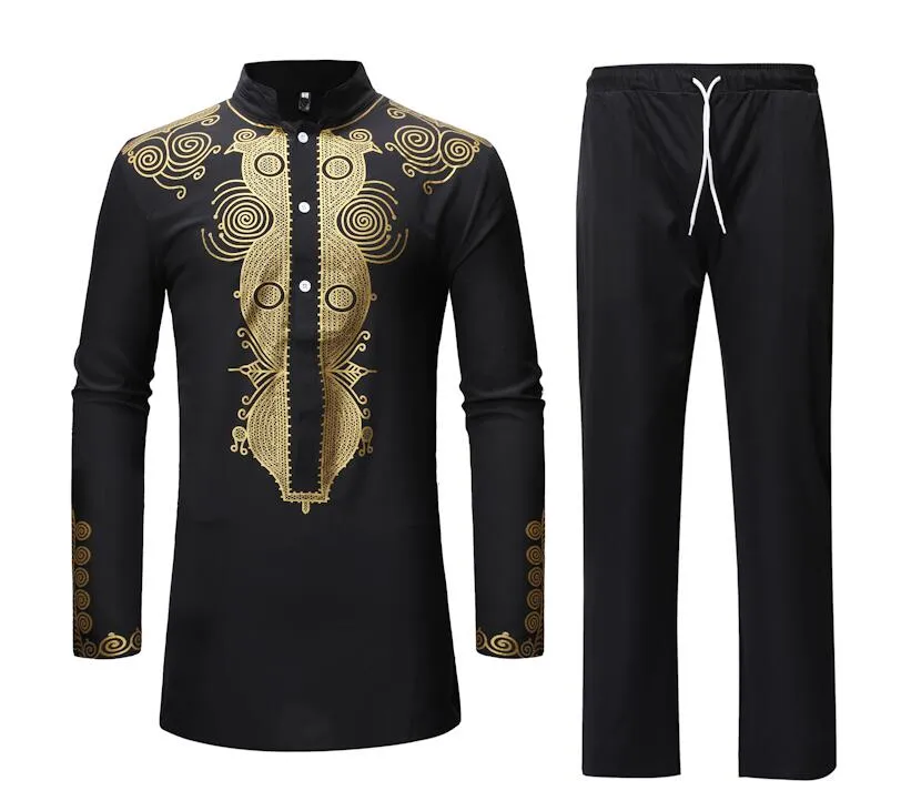 Men's African Casual Printed Pattern Long Sleeve 2 Piece Outfit Set