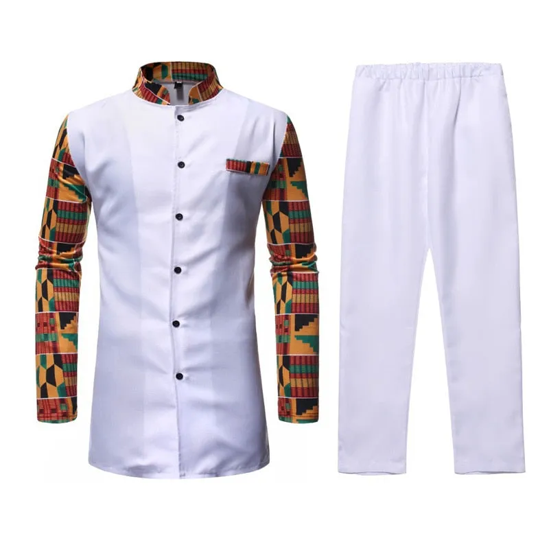 Men's African Casual Printed Pattern Long Sleeve 2 Piece Outfit Set