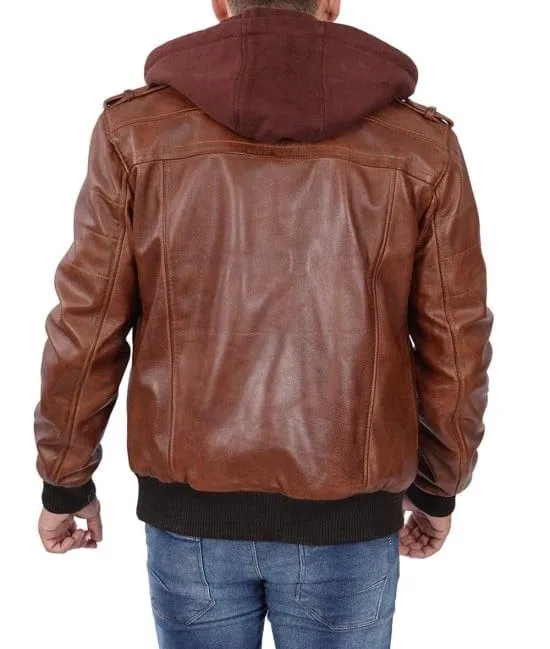 Men's Brown Lambskin Leather Jacket Bomber Style With Removable Hood