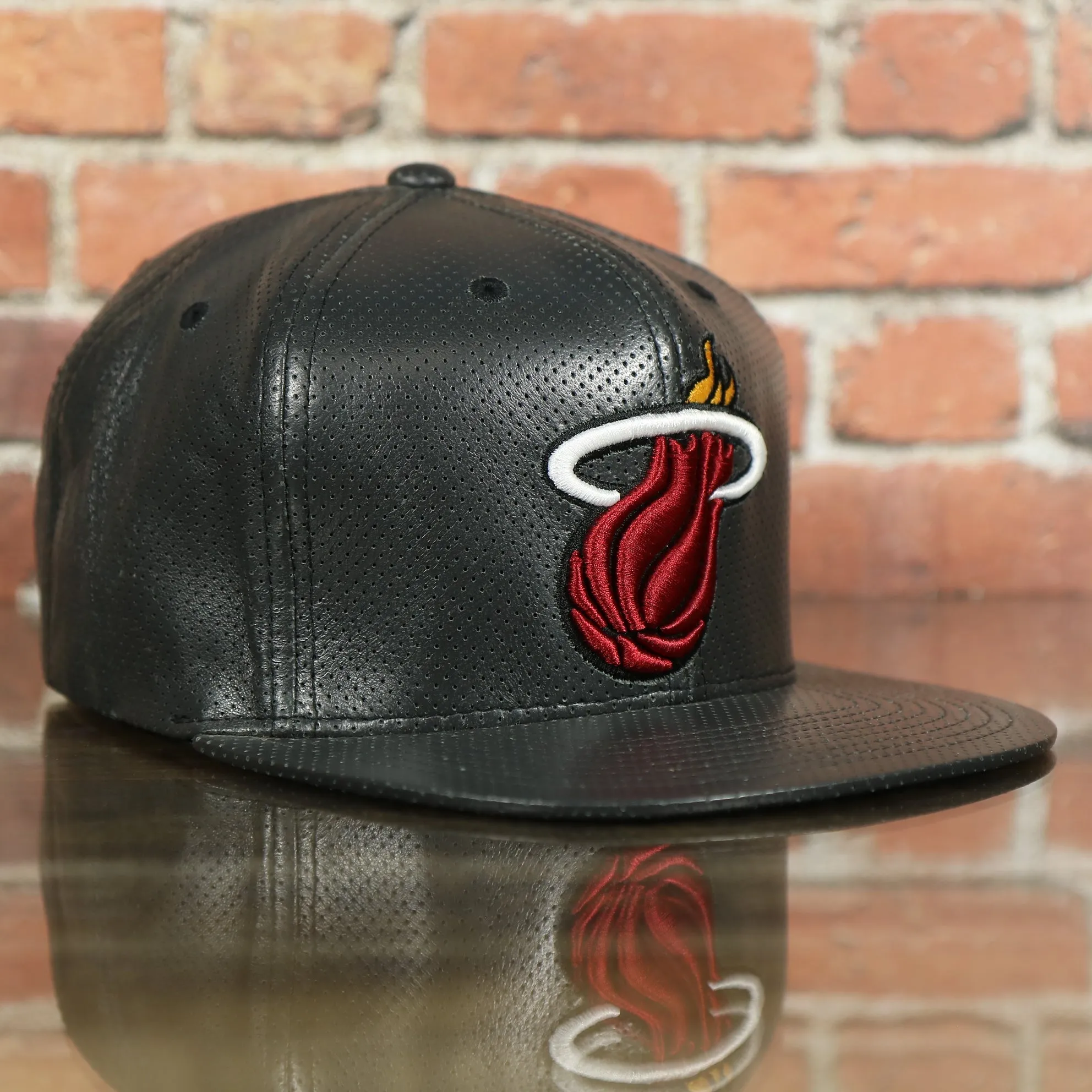 Miami Heat Perforated Leather Snapback | Black Miami Heat Snap Back with Racing Leather