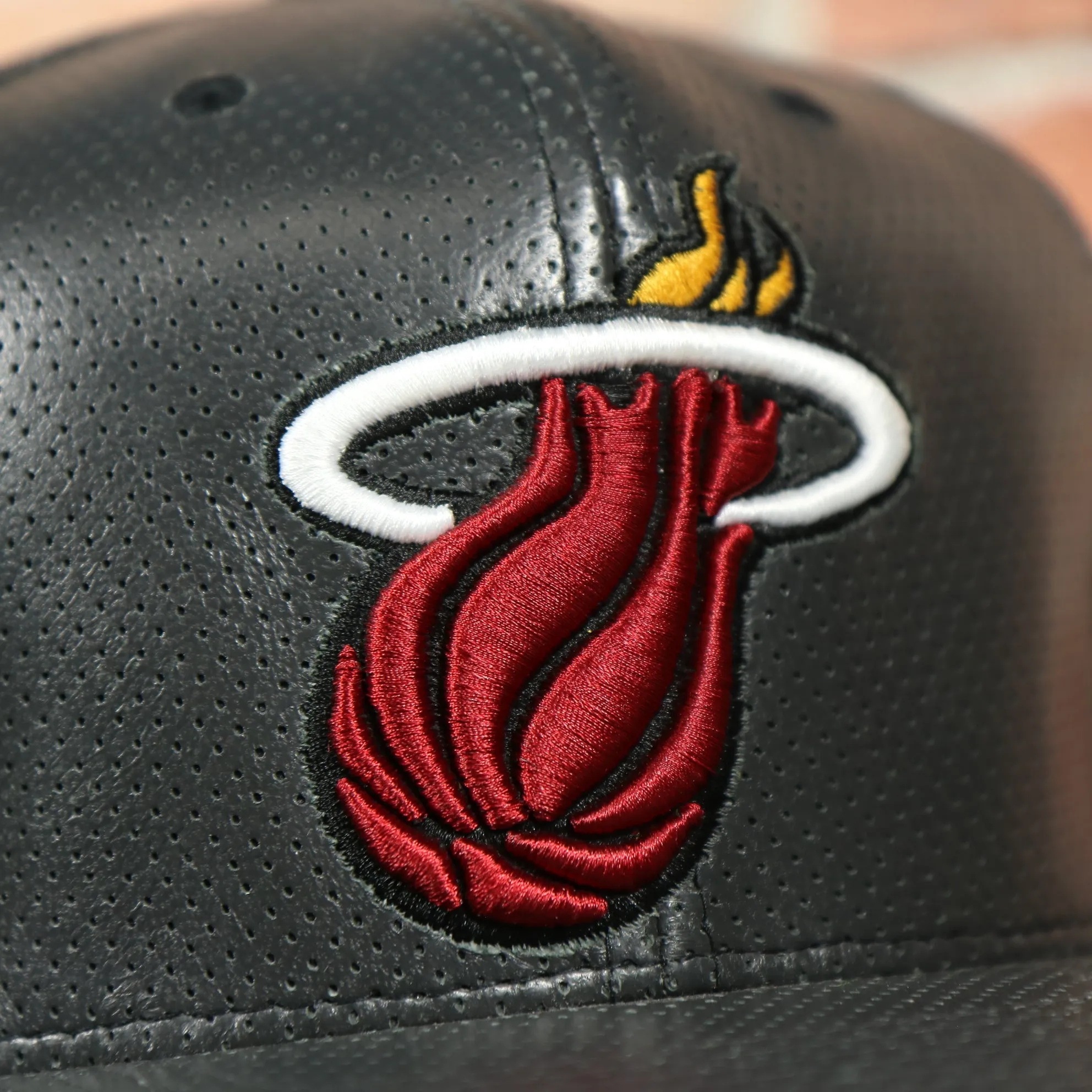 Miami Heat Perforated Leather Snapback | Black Miami Heat Snap Back with Racing Leather