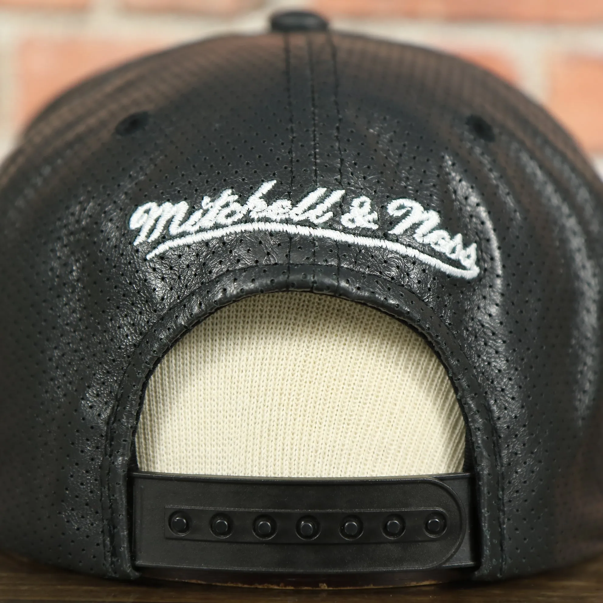 Miami Heat Perforated Leather Snapback | Black Miami Heat Snap Back with Racing Leather