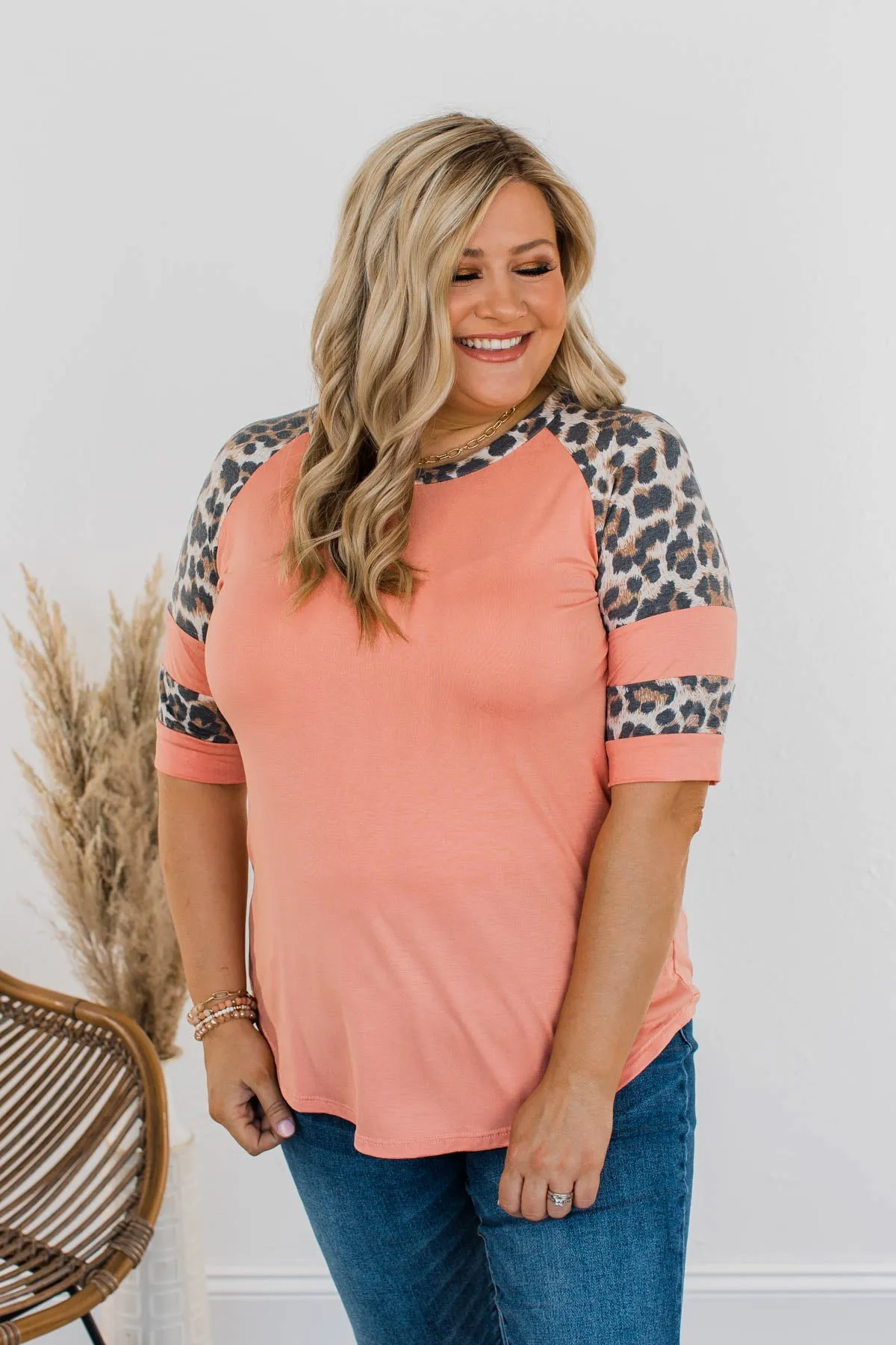 Midnight Retreat Short Sleeve Top- Coral & Leopard