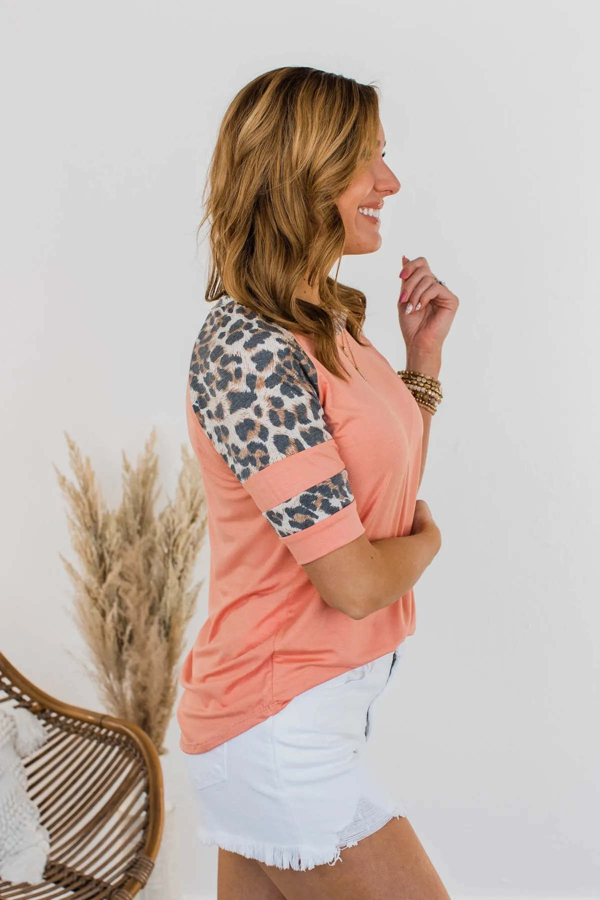 Midnight Retreat Short Sleeve Top- Coral & Leopard