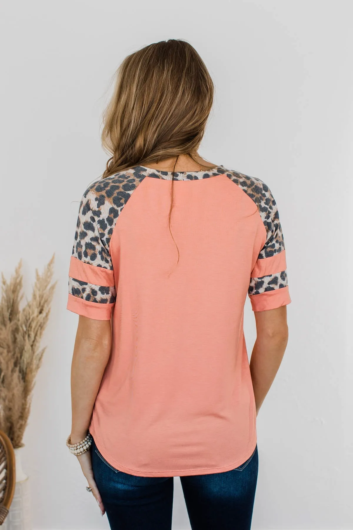 Midnight Retreat Short Sleeve Top- Coral & Leopard