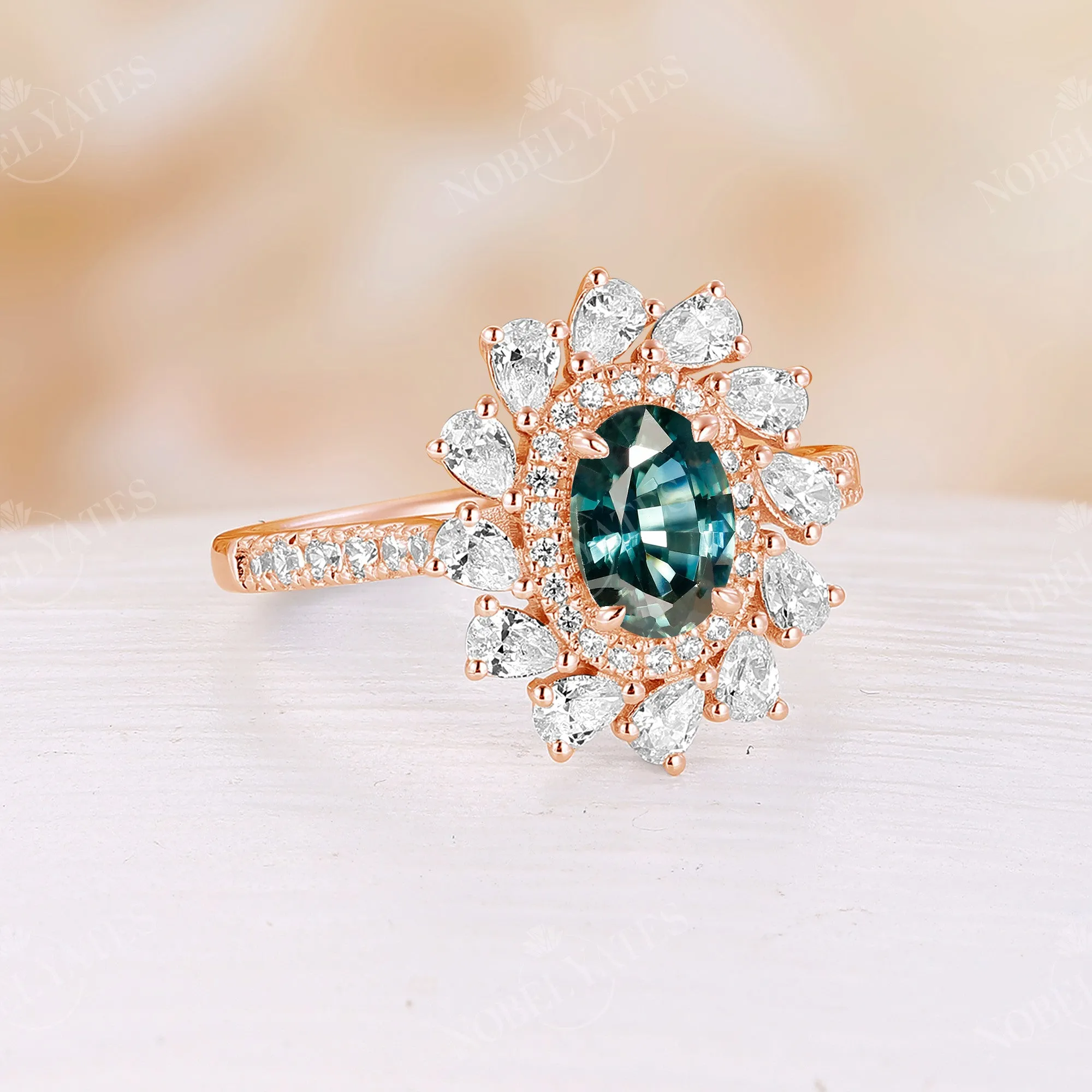 Moissanite Halo Teal Sapphire Vintage Engagement Ring Rose Gold