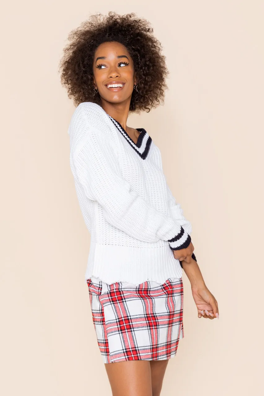 Monica Varsity Frayed Pullover Sweater