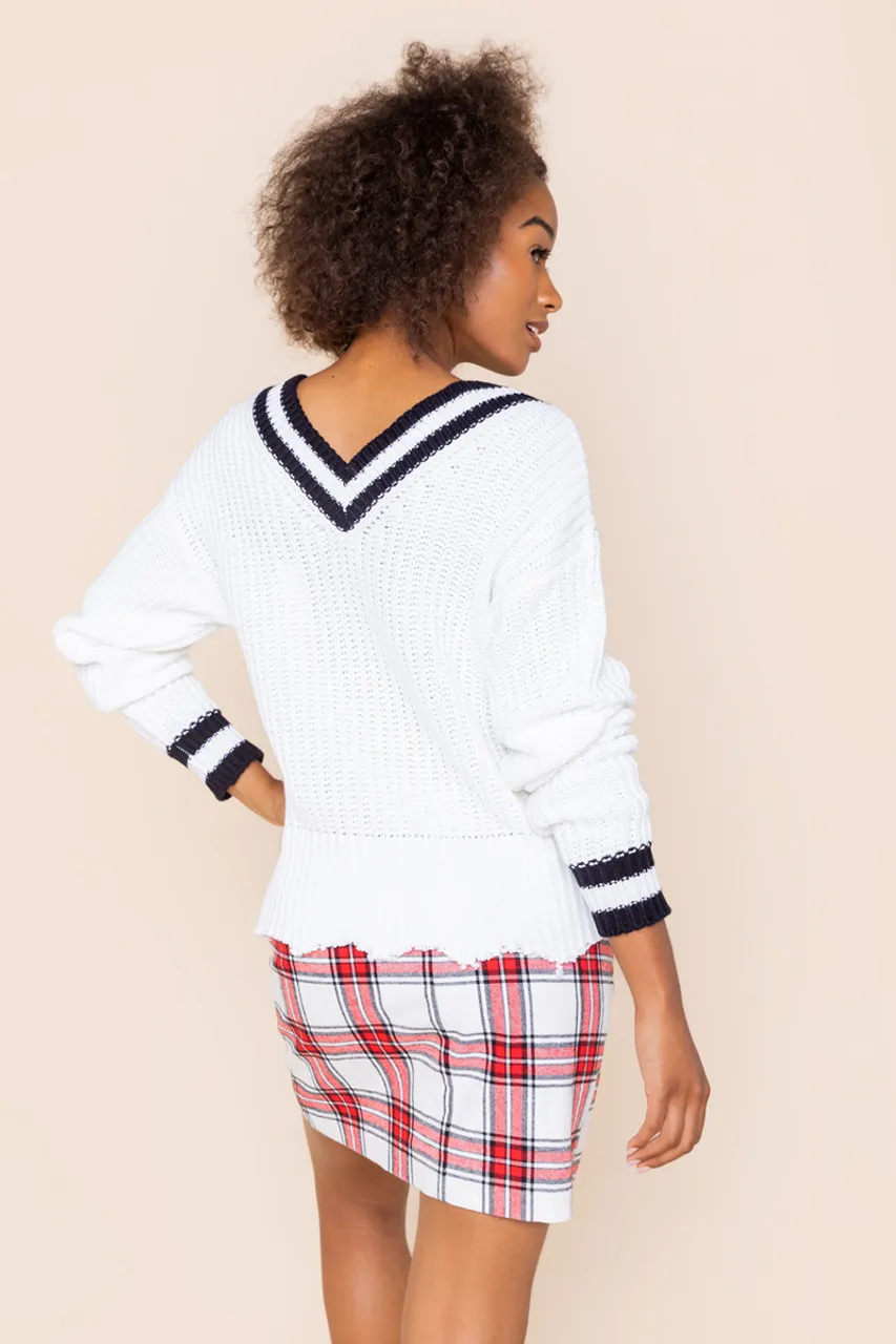 Monica Varsity Frayed Pullover Sweater