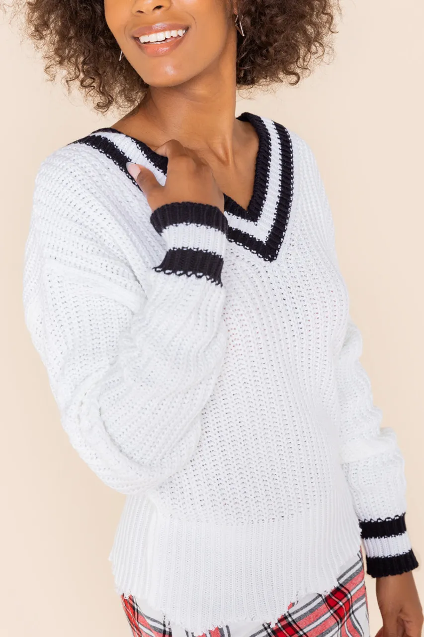 Monica Varsity Frayed Pullover Sweater