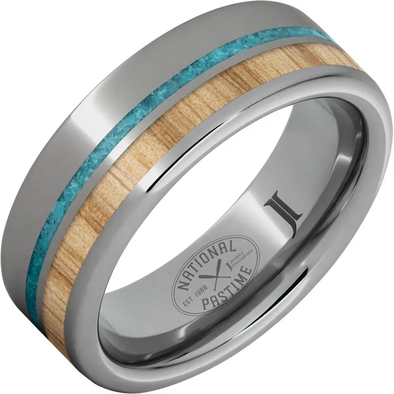 National Pastime Collection Rugged Tungsten Ring with White Ash Vintage Baseball Bat Wood and Turquoise Inlays