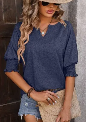 Navy Heathered Smocked Sleeve Top