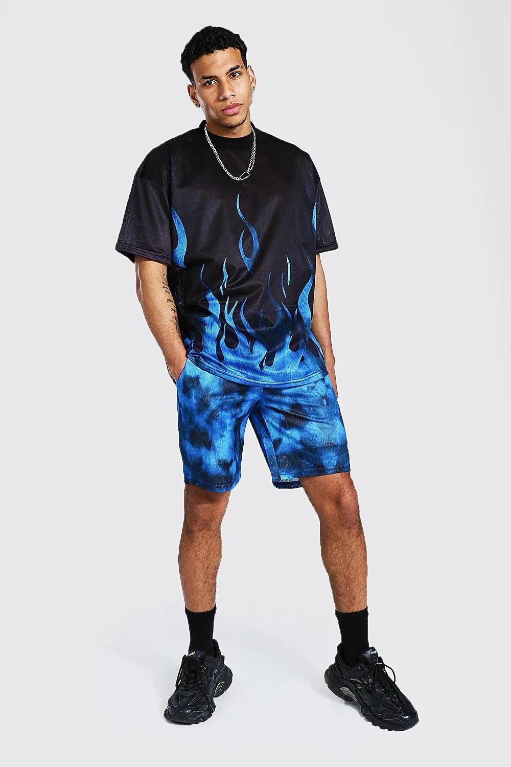 Oversize Flame Tie Dye Mesh Tee And Short Set | boohooMAN UK