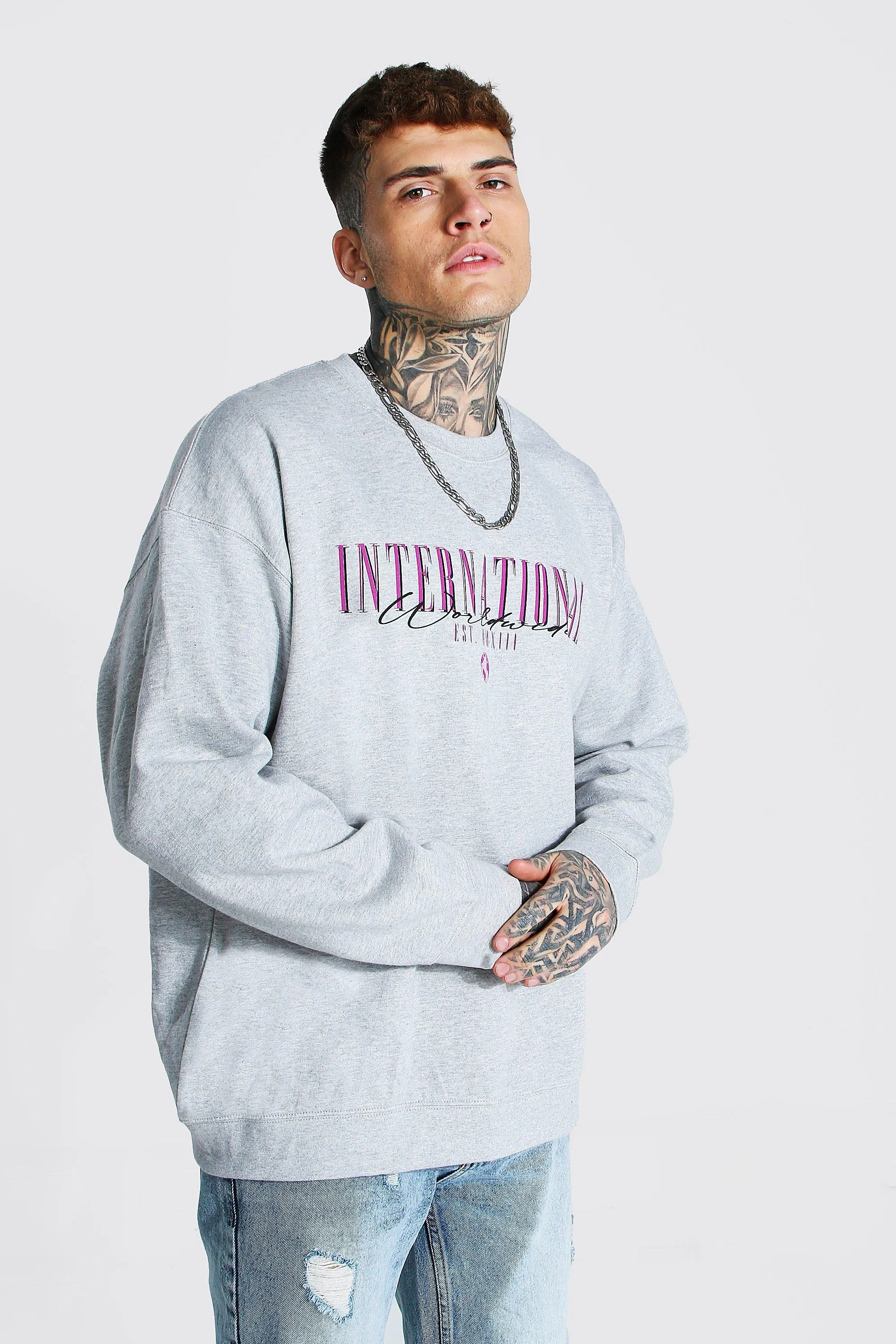 Oversized International Print Sweatshirt | boohooMAN UK