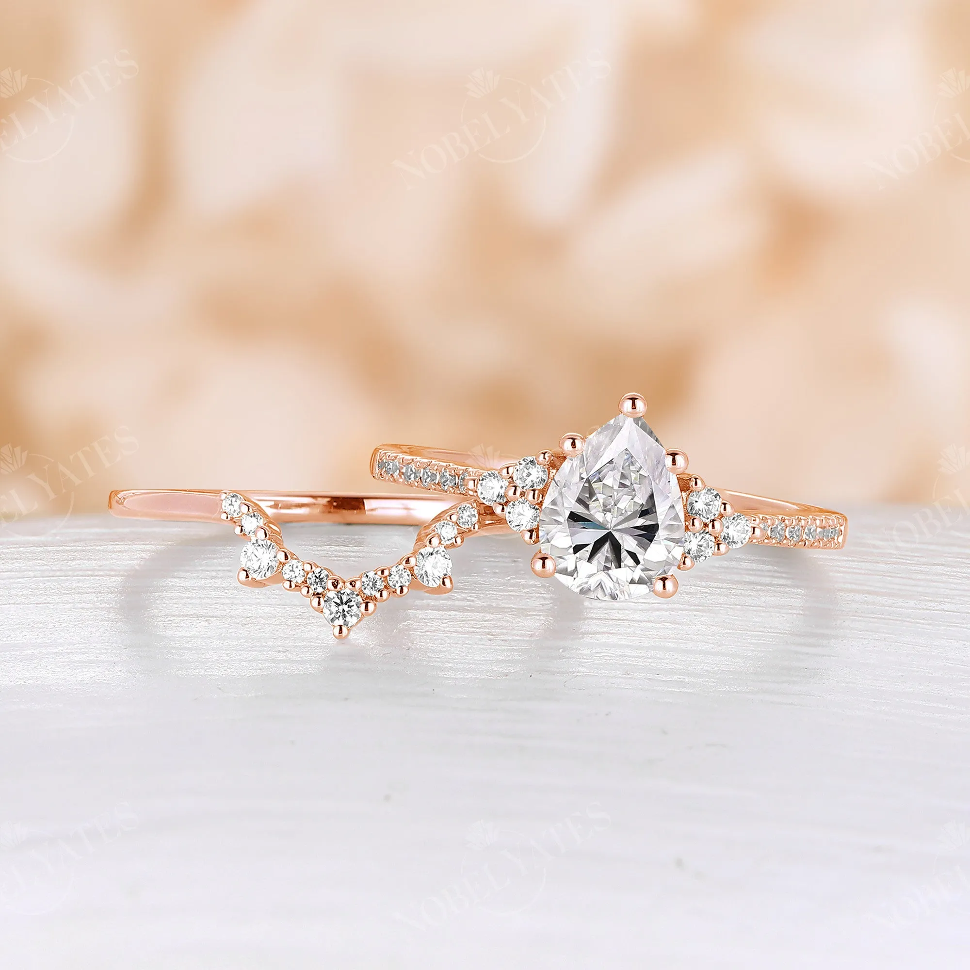 Pear Moissanite Vintage Cluster & Pave Engagement Ring Set Rose Gold