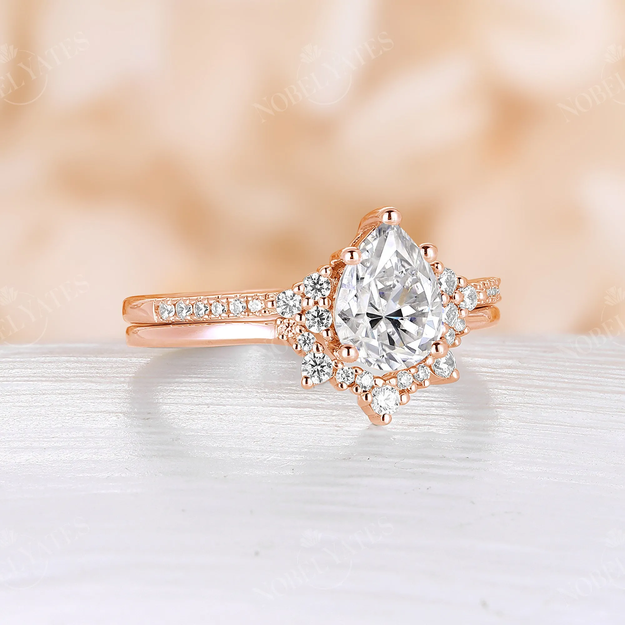 Pear Moissanite Vintage Cluster & Pave Engagement Ring Set Rose Gold