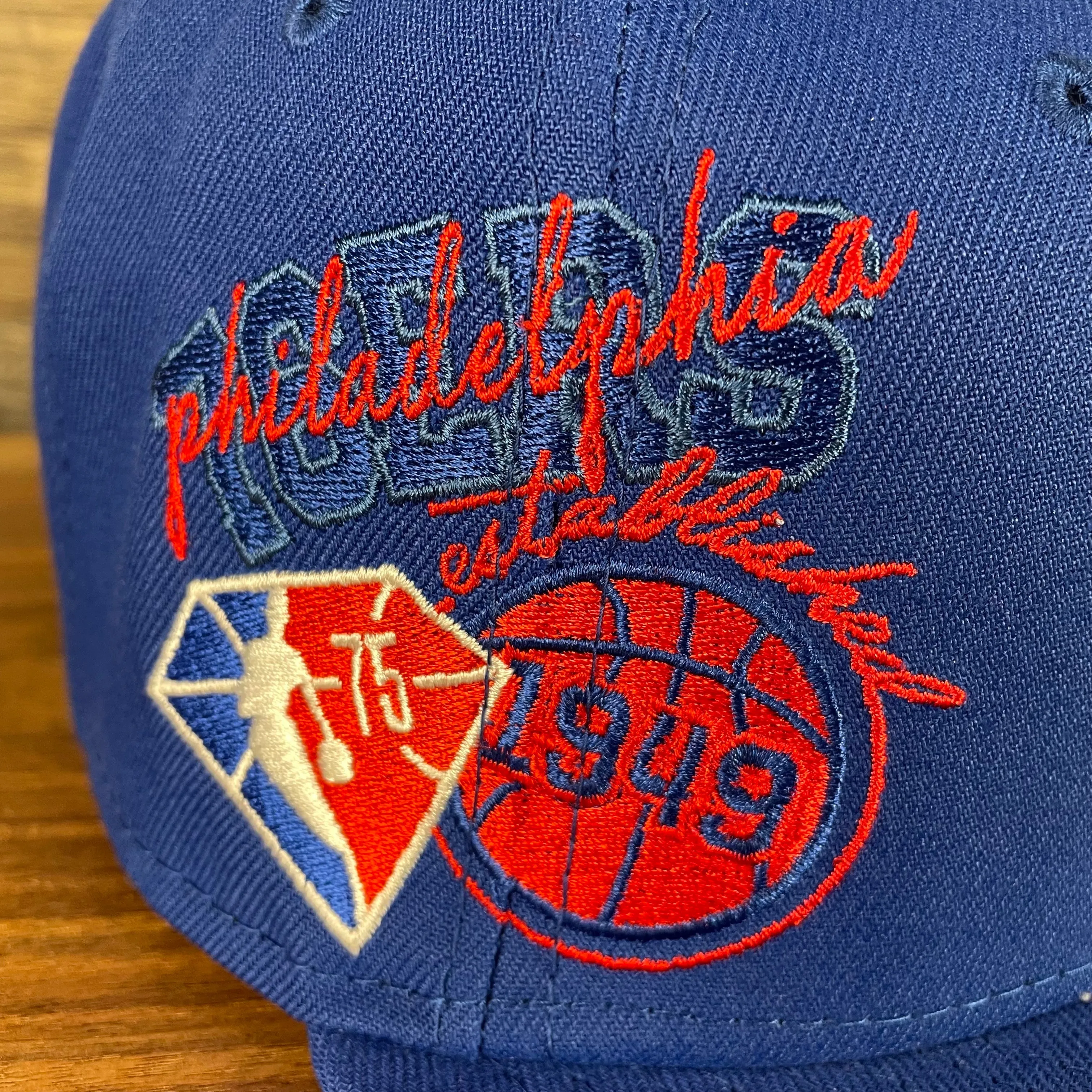 Philadelphia 76ers NBA 75th Anniversary Side Patch Gray Bottom Royal 9Fifty Snapback Hat | Back Half