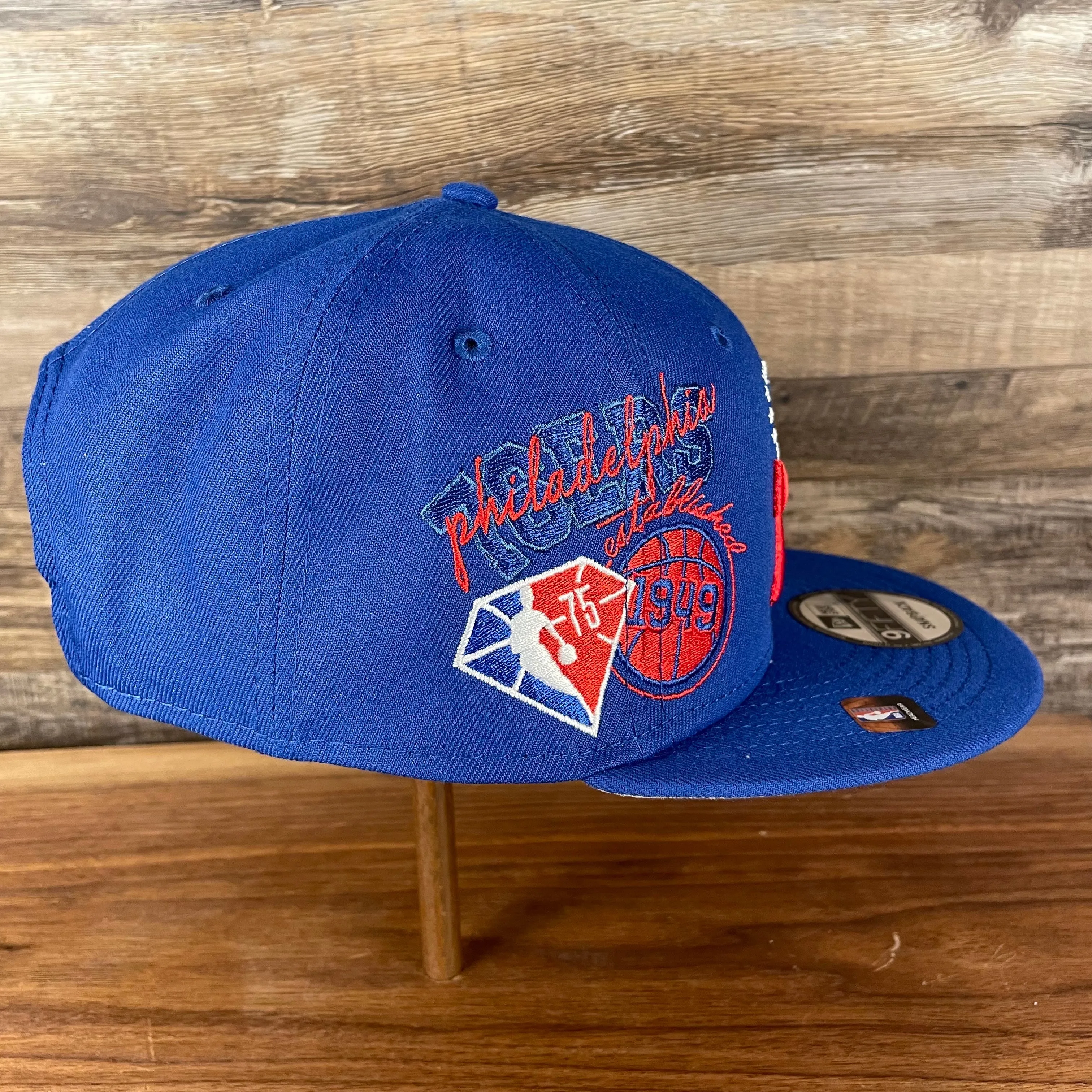 Philadelphia 76ers NBA 75th Anniversary Side Patch Gray Bottom Royal 9Fifty Snapback Hat | Back Half