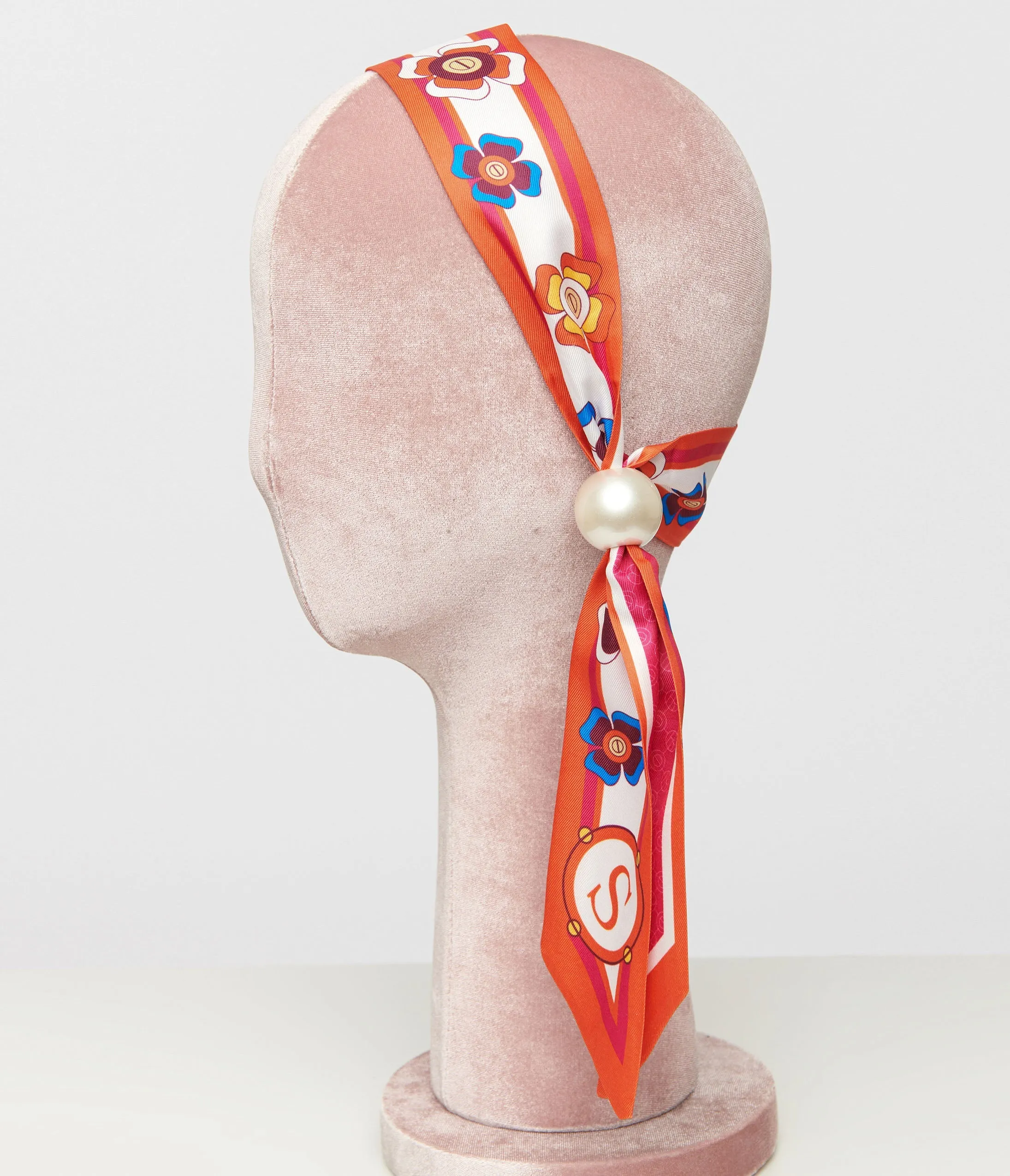 Pink & Orange Floral Pearl Fabric Headband