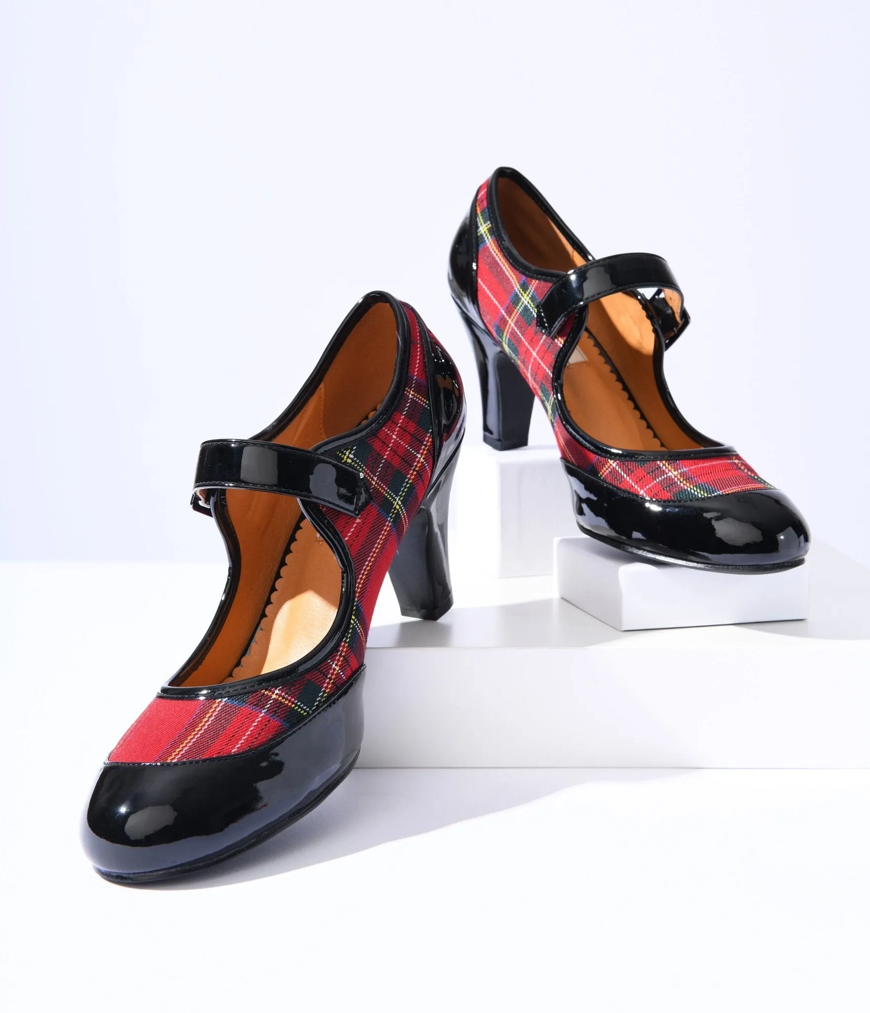 Red Plaid & Black Patent Leatherette Mary Jane Heels