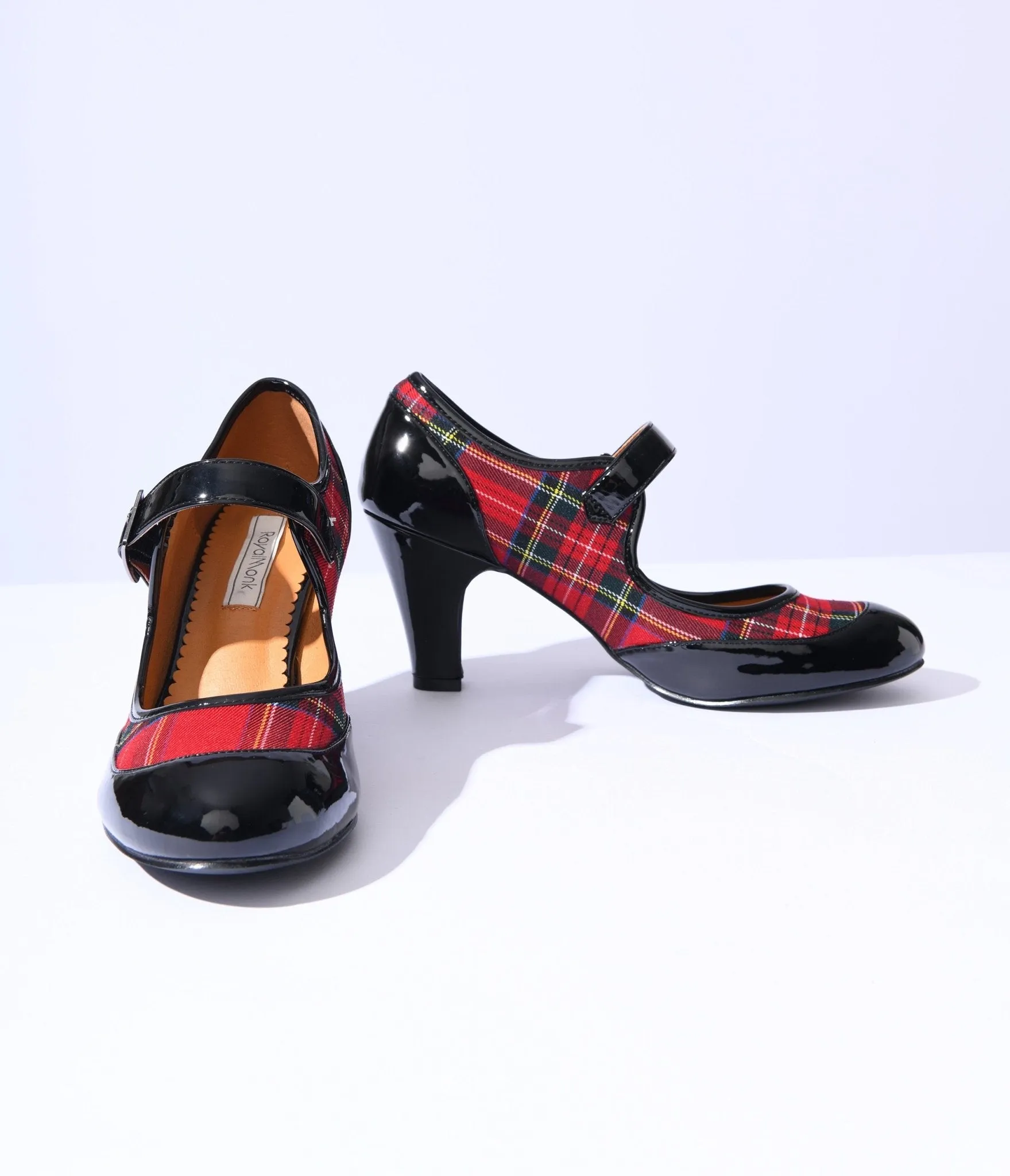 Red Plaid & Black Patent Leatherette Mary Jane Heels