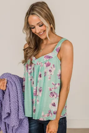 Refreshing Sight Floral Swiss Dot Tank- Mint