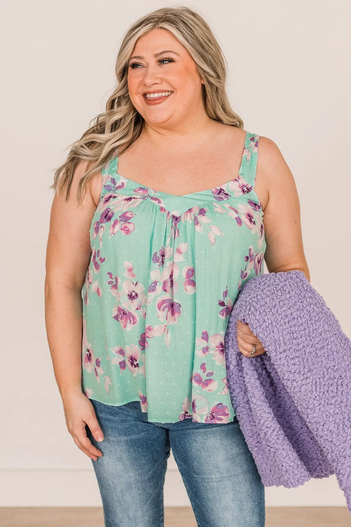 Refreshing Sight Floral Swiss Dot Tank- Mint