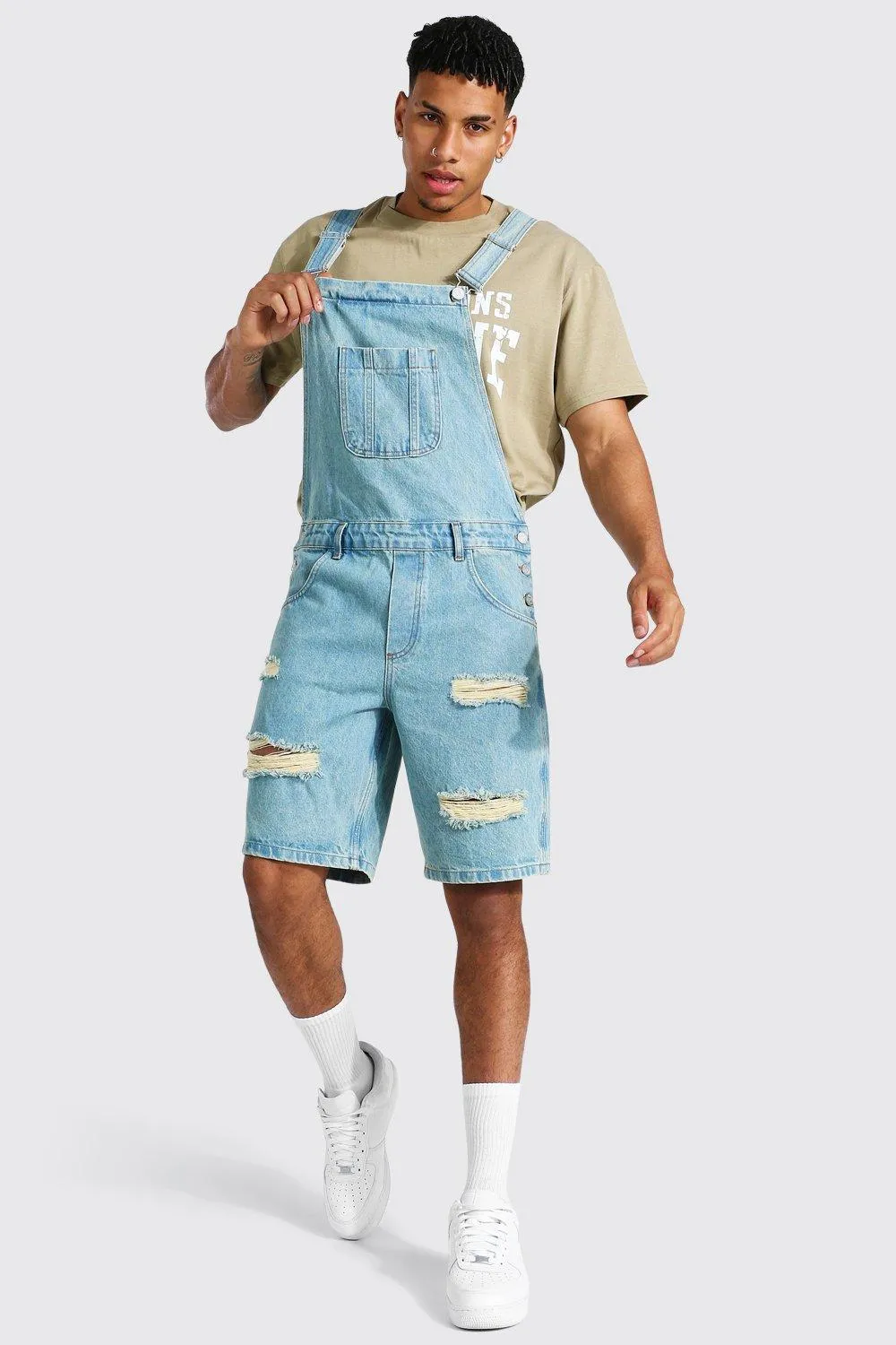 Relaxed Fit Distressed Short Dungaree | boohooMAN UK