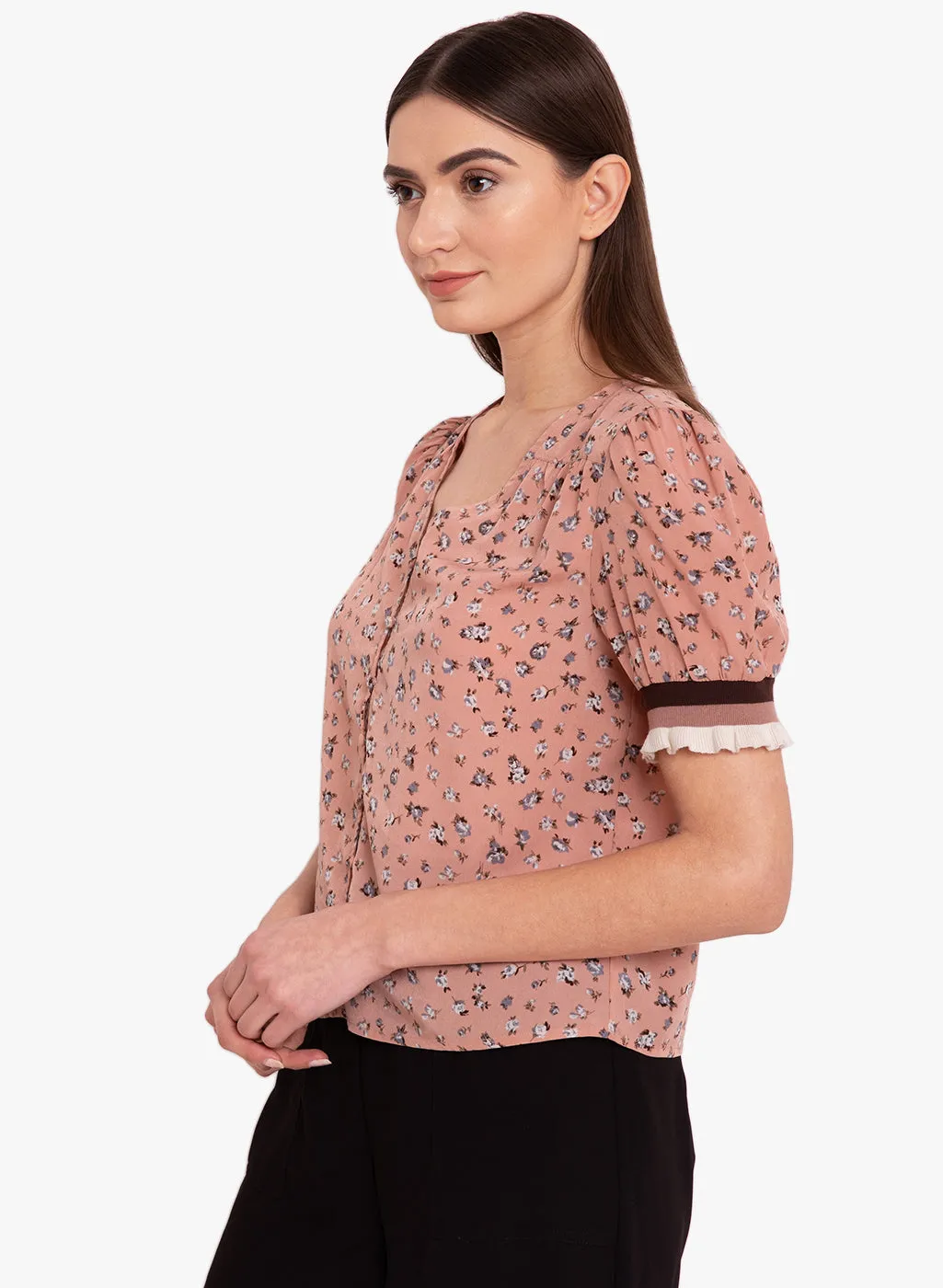 Rib Sleeve Printed Top