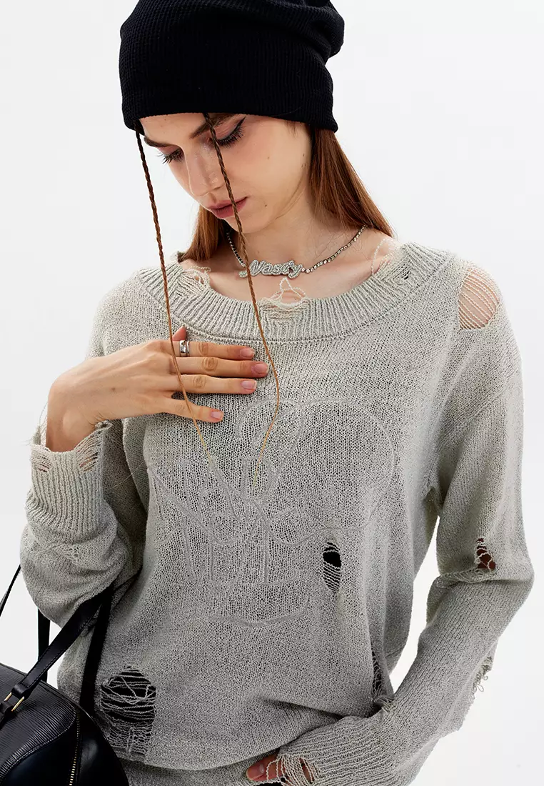 Ripped Embroidery Knit Sweater HH2812