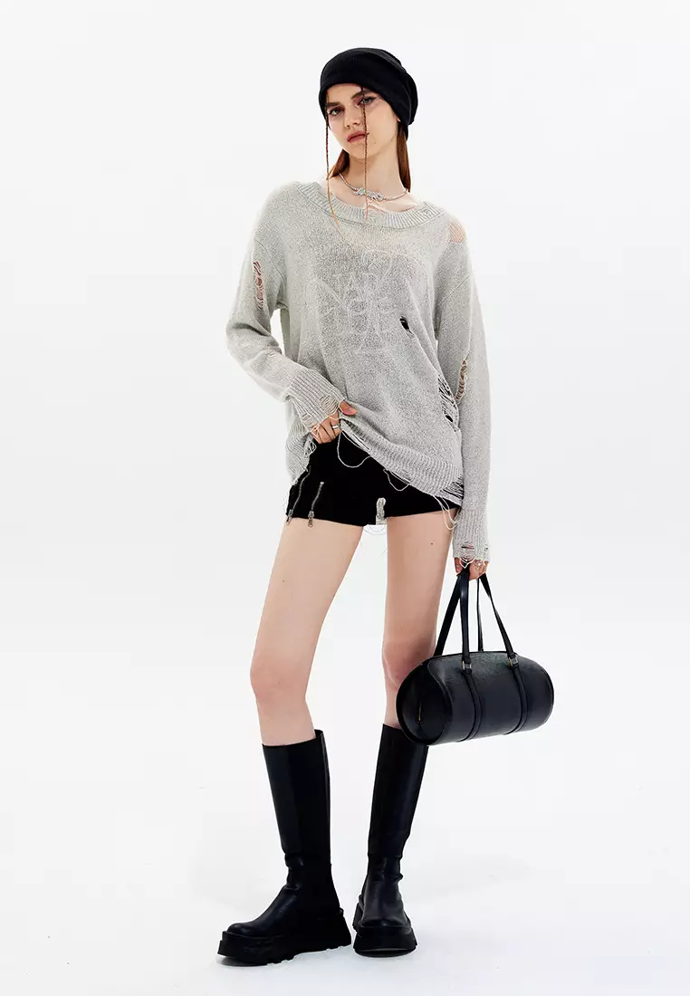 Ripped Embroidery Knit Sweater HH2812