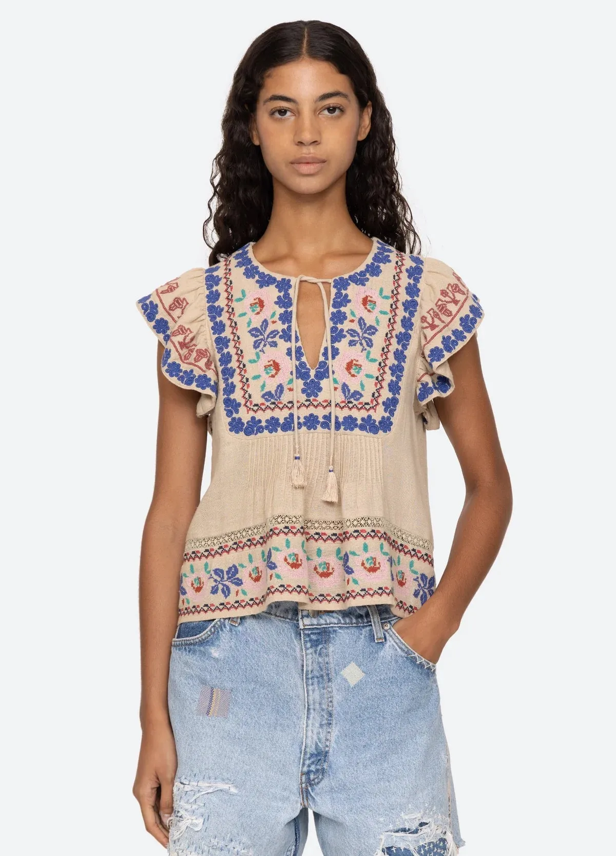 Sea Ramona Embroidery Flutter Sleeve Top