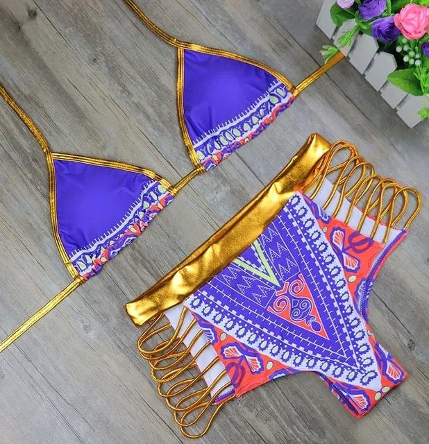 Sexy Gold Geometric African Print Two-Pieces Bikini Set Bath Suits