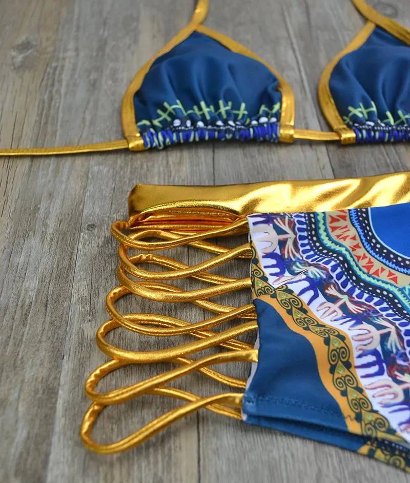 Sexy Gold Geometric African Print Two-Pieces Bikini Set Bath Suits