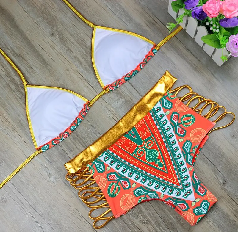 Sexy Gold Geometric African Print Two-Pieces Bikini Set Bath Suits