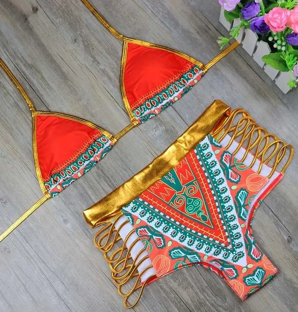 Sexy Gold Geometric African Print Two-Pieces Bikini Set Bath Suits