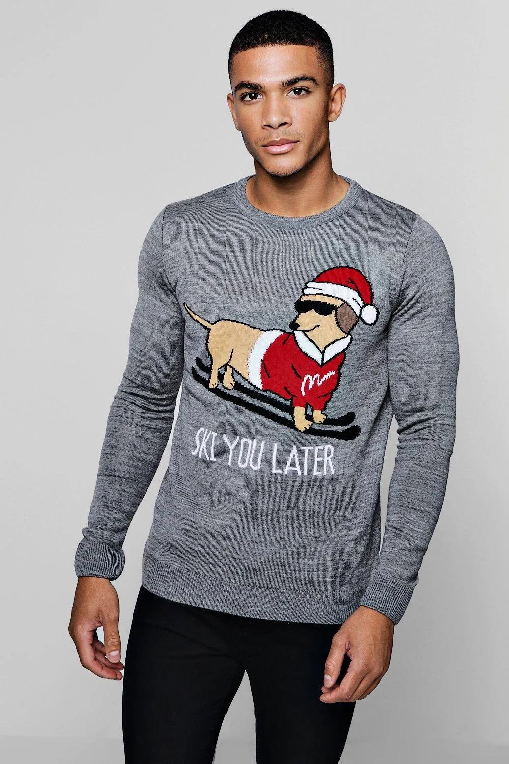 Ski Dachshund Christmas Jumper | boohooMAN UK