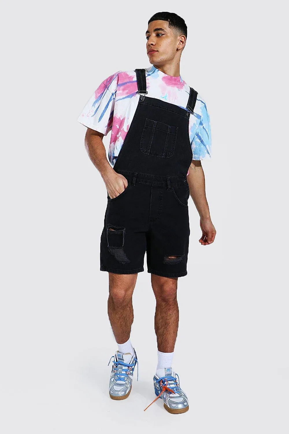 Slim Rigid Multi Rip Short Dungaree | boohooMAN UK