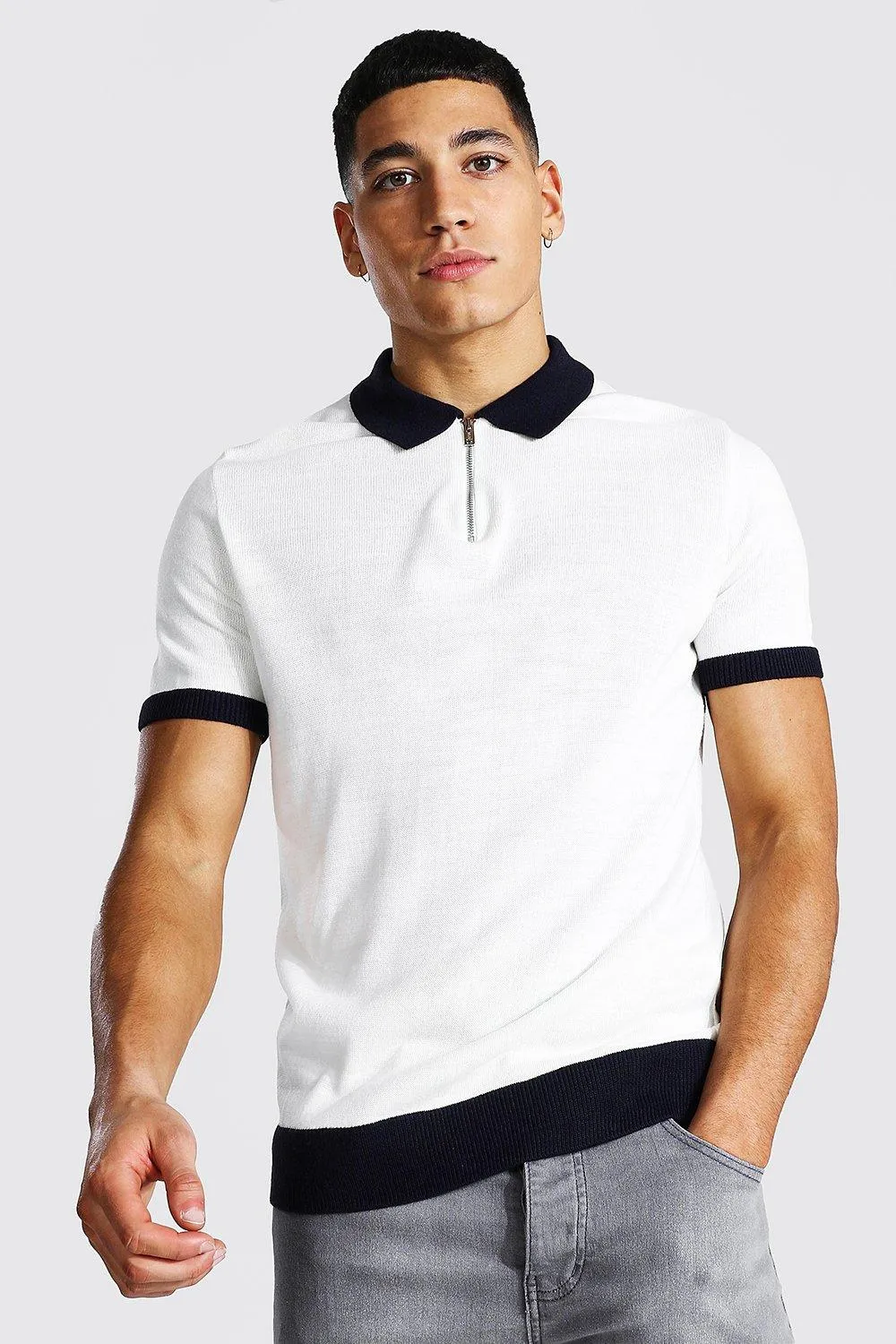 Spliced Quarter Zip Polo | boohooMAN UK